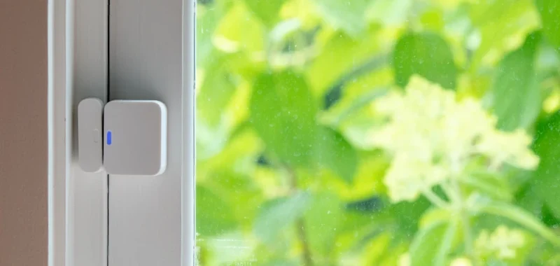 Home alarm sensor installed near a window for maximum security