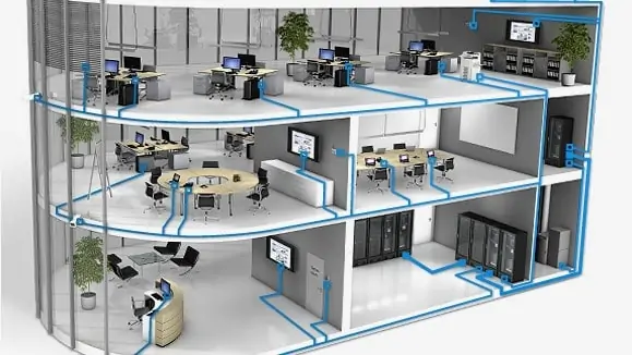 Office network setup with structured cabling and wireless systems
