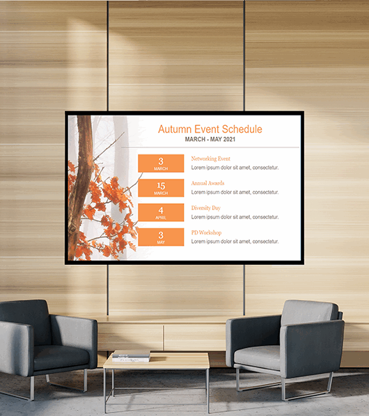 Digital signage installed at a building entrance and reception area