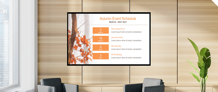 Digital signage installed at a building entrance and reception area