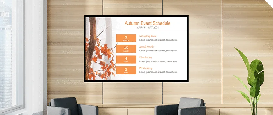 Digital signage installed at a building entrance and reception area