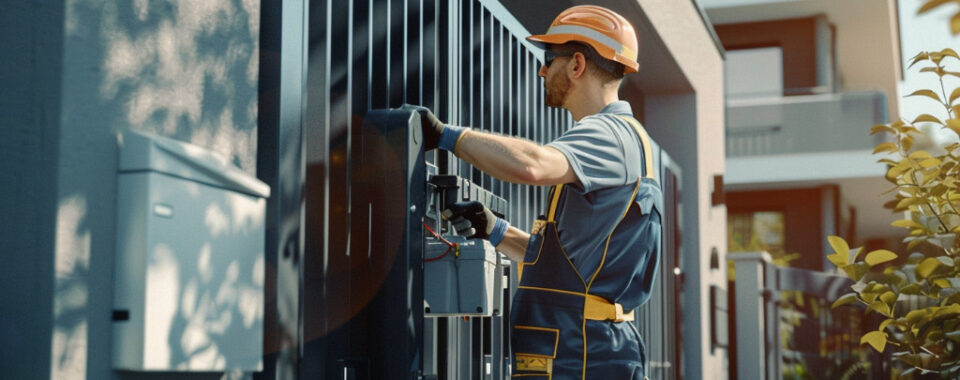 Technician performing maintenance on an automatic gate opener