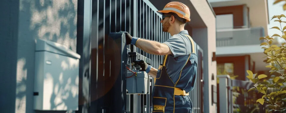 Technician performing maintenance on an automatic gate opener
