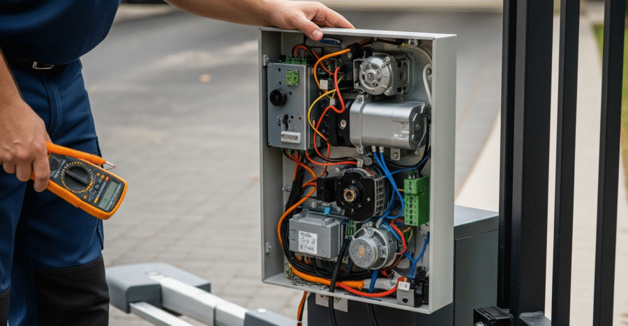 Technician repairing automatic gate motor in Oakville Technician repairing automatic gate motor in Oakville
