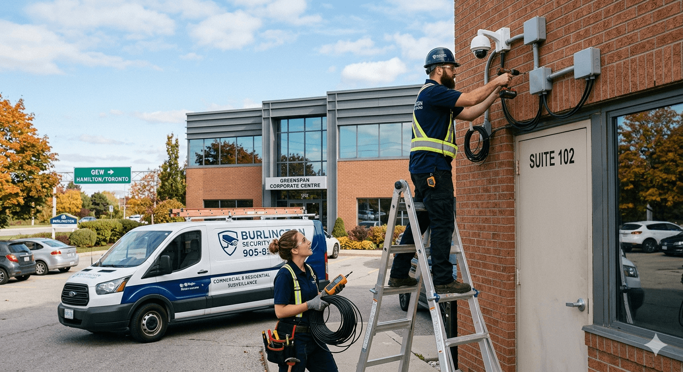 Professional security camera installation team setting up a commercial surveillance system in Burlington, Ontario