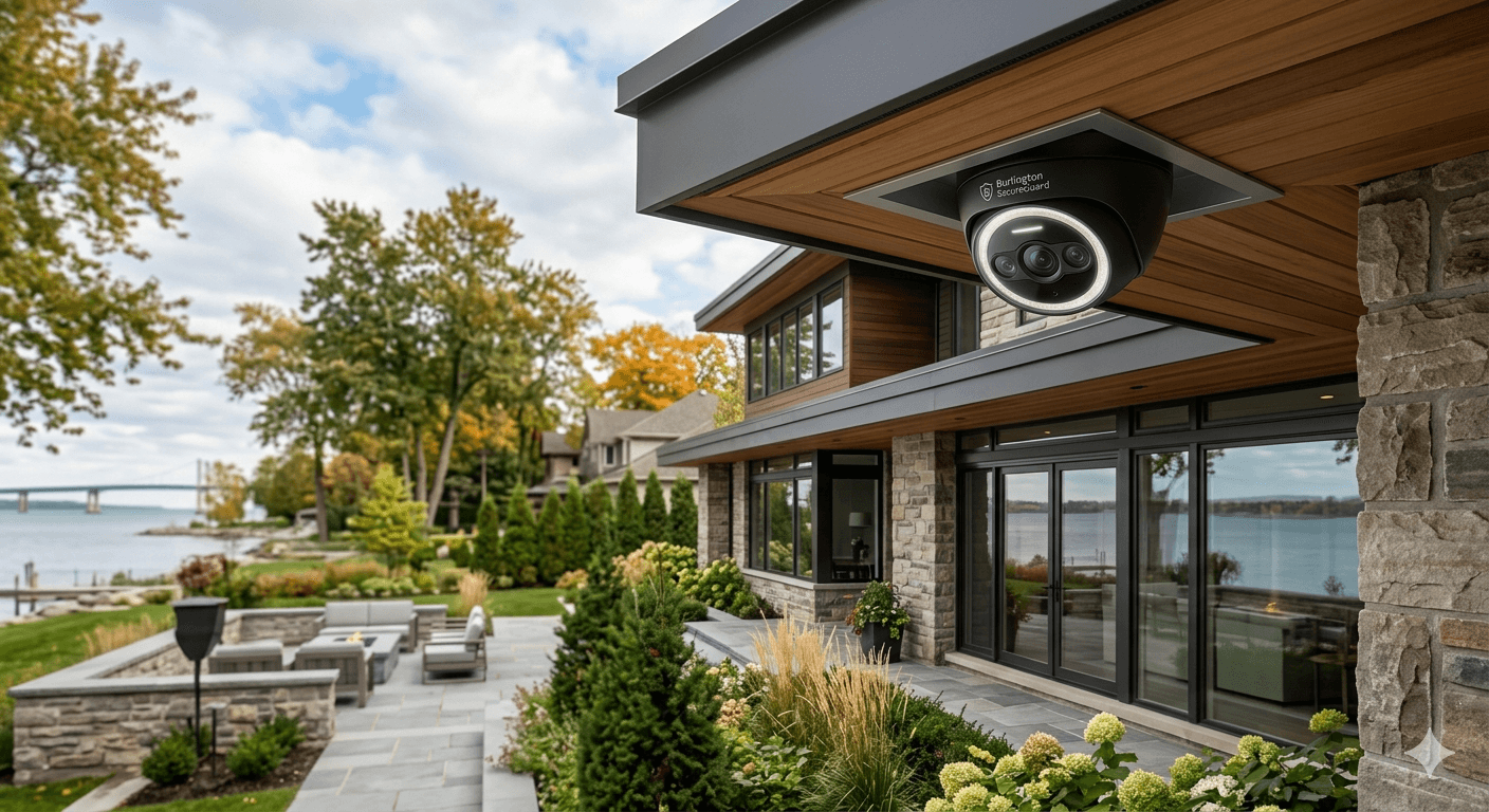 High-end smart home security camera seamlessly integrated under the eaves of a modern luxury house in Burlington, Ontario