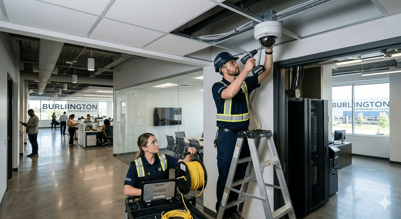 Professional commercial security camera installation featuring high-definition IP cameras mounted inside an enterprise facility in Burlington, Ontario