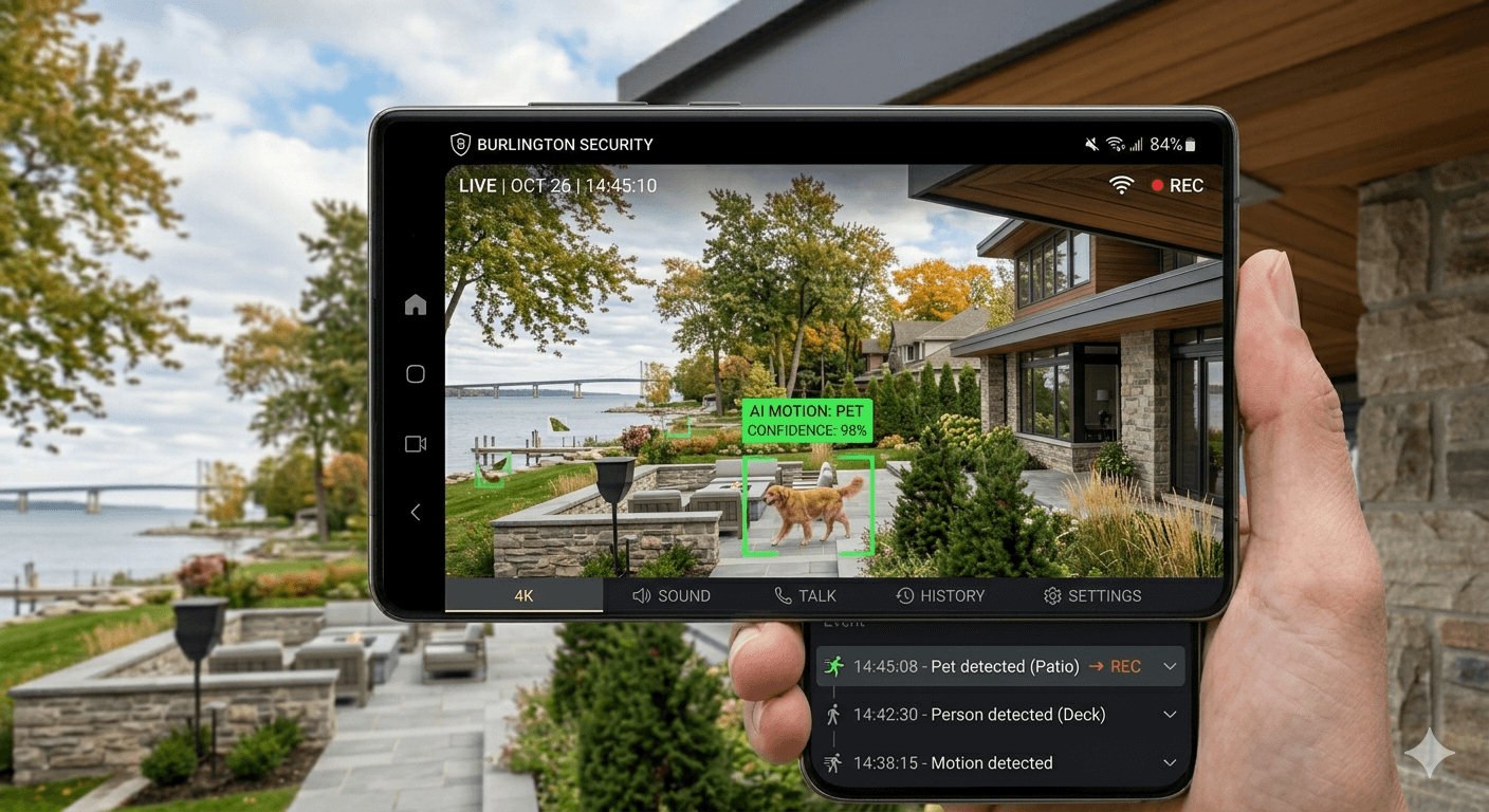 High-resolution security camera interface displaying AI motion detection and 4K video feed on a mobile device
