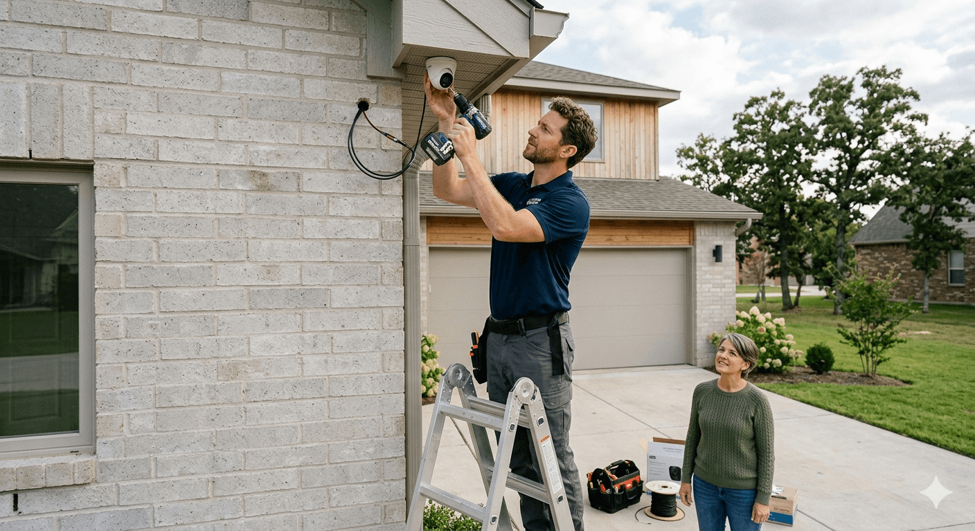 Professional security technician installing a high-definition CCTV camera on a commercial building in Guelph, Ontario