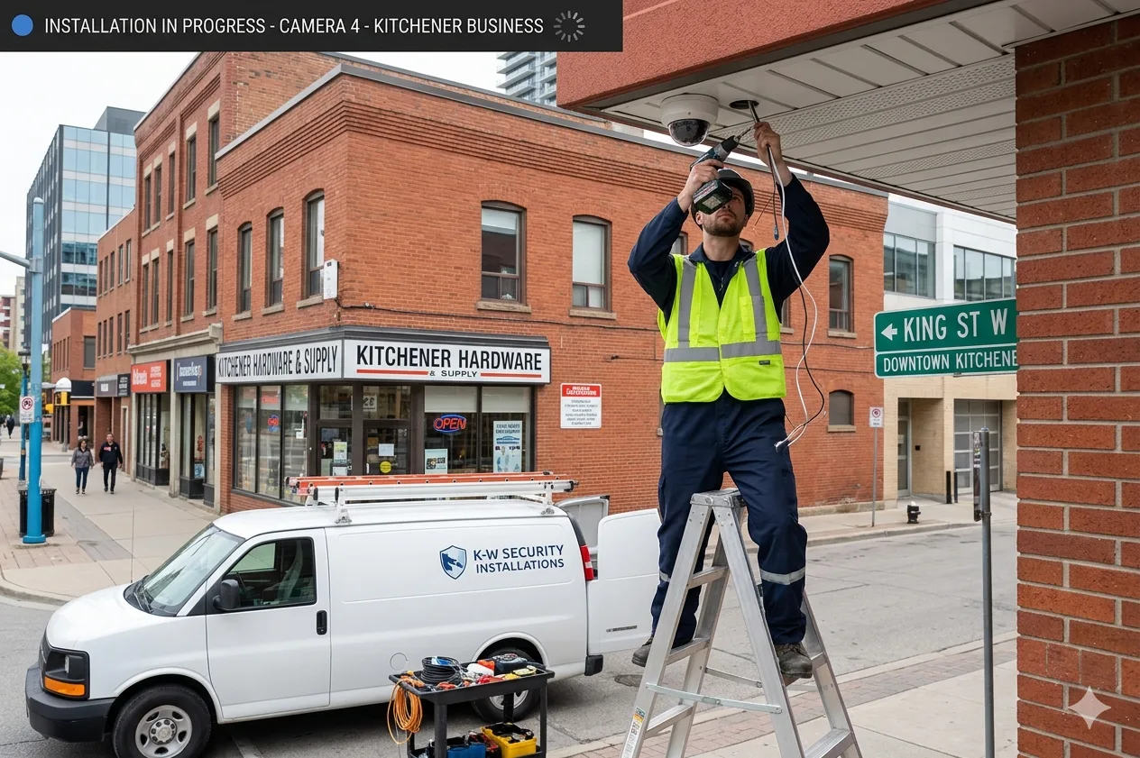 Technician installing a commercial security camera system