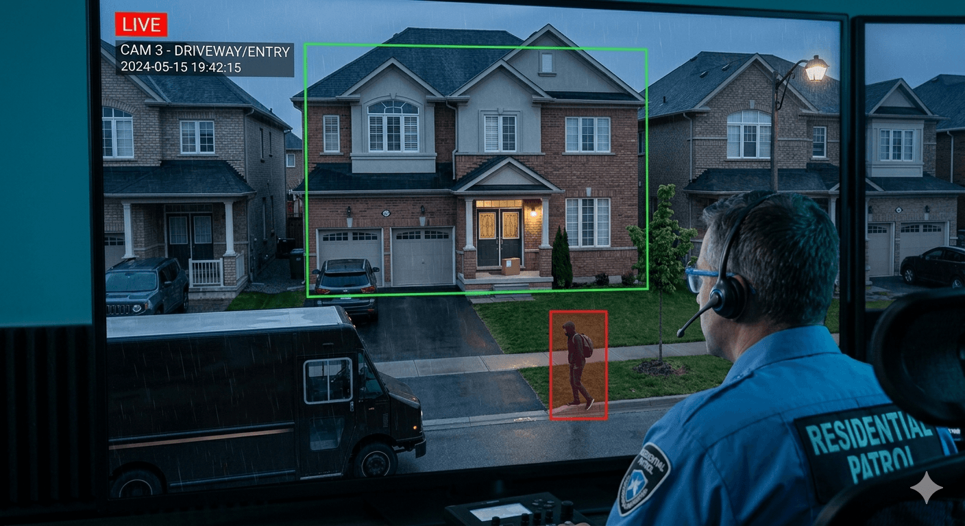Live residential CCTV monitoring protecting a home and driveway in Mississauga from trespassing and package theft