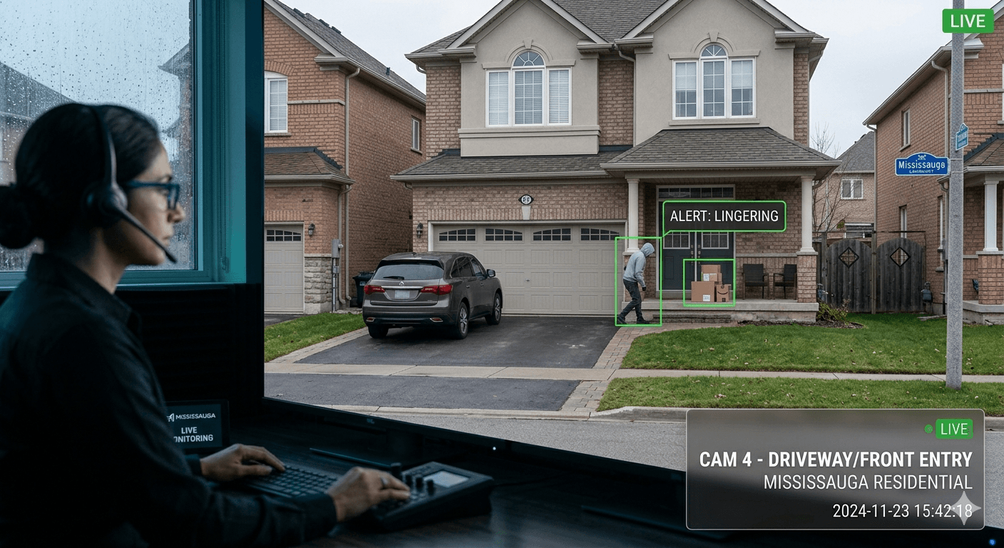 Live residential CCTV monitoring protecting a home and driveway in Mississauga from trespassing and package theft