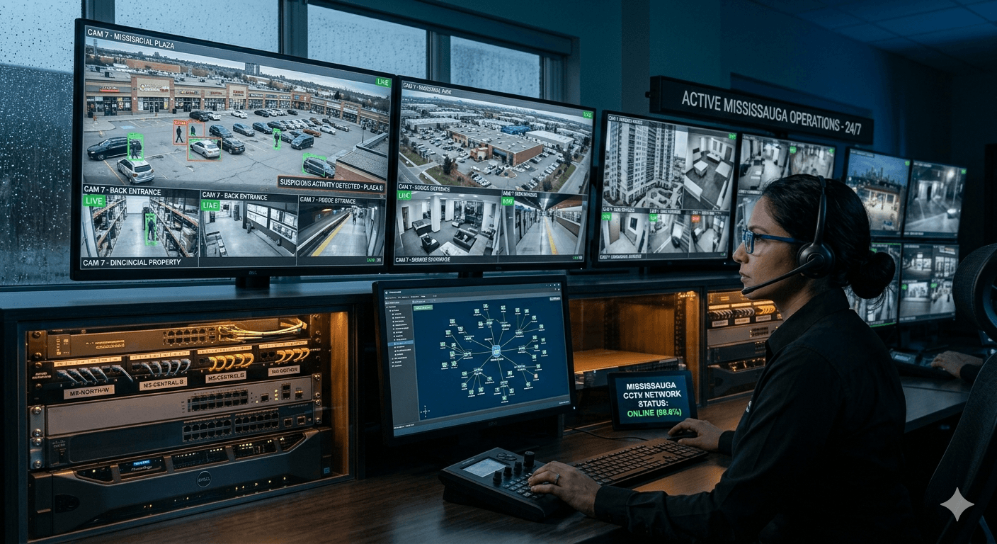 Advanced live CCTV monitoring technology and network infrastructure for active security operations in Mississauga