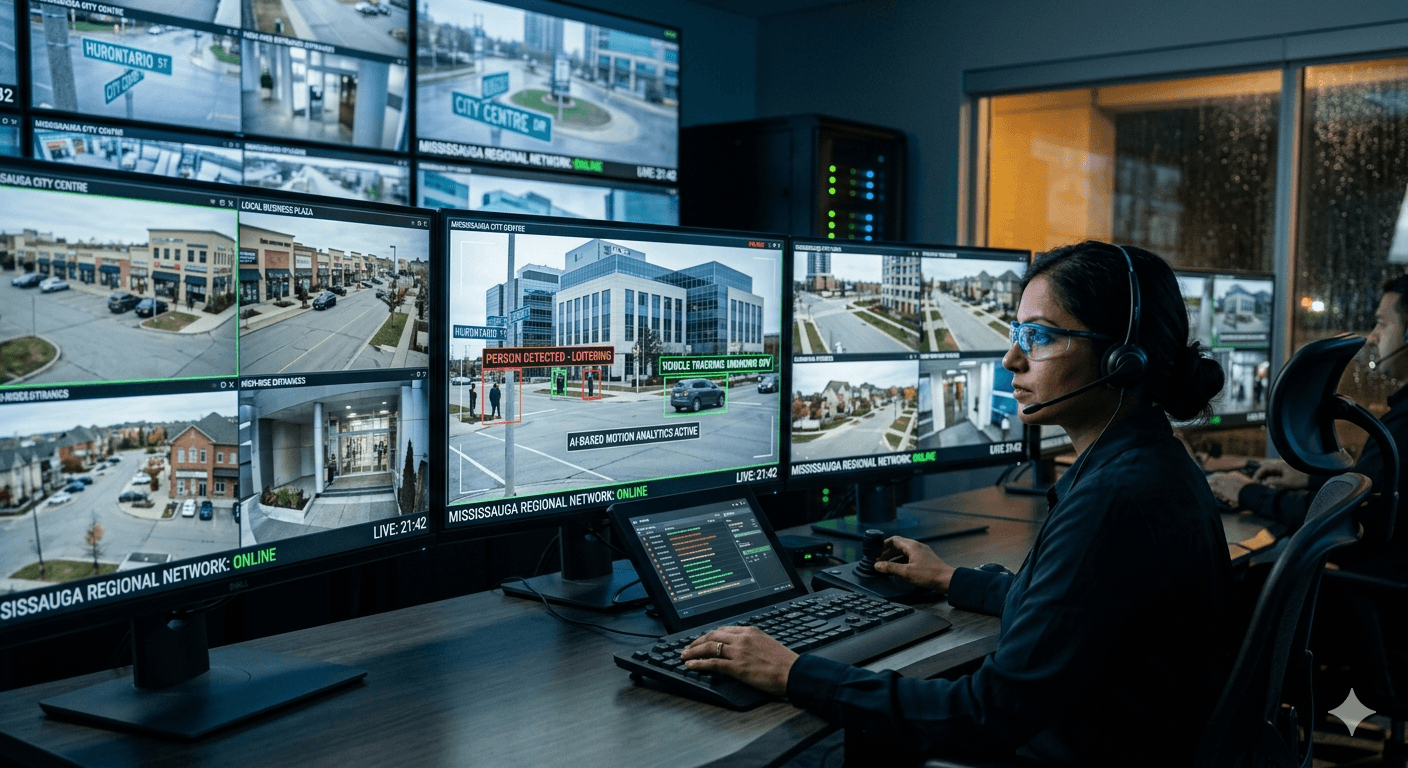 Advanced active live CCTV monitoring hub in Mississauga with custom detection analytics, safeguarding regional business operations and residential areas.