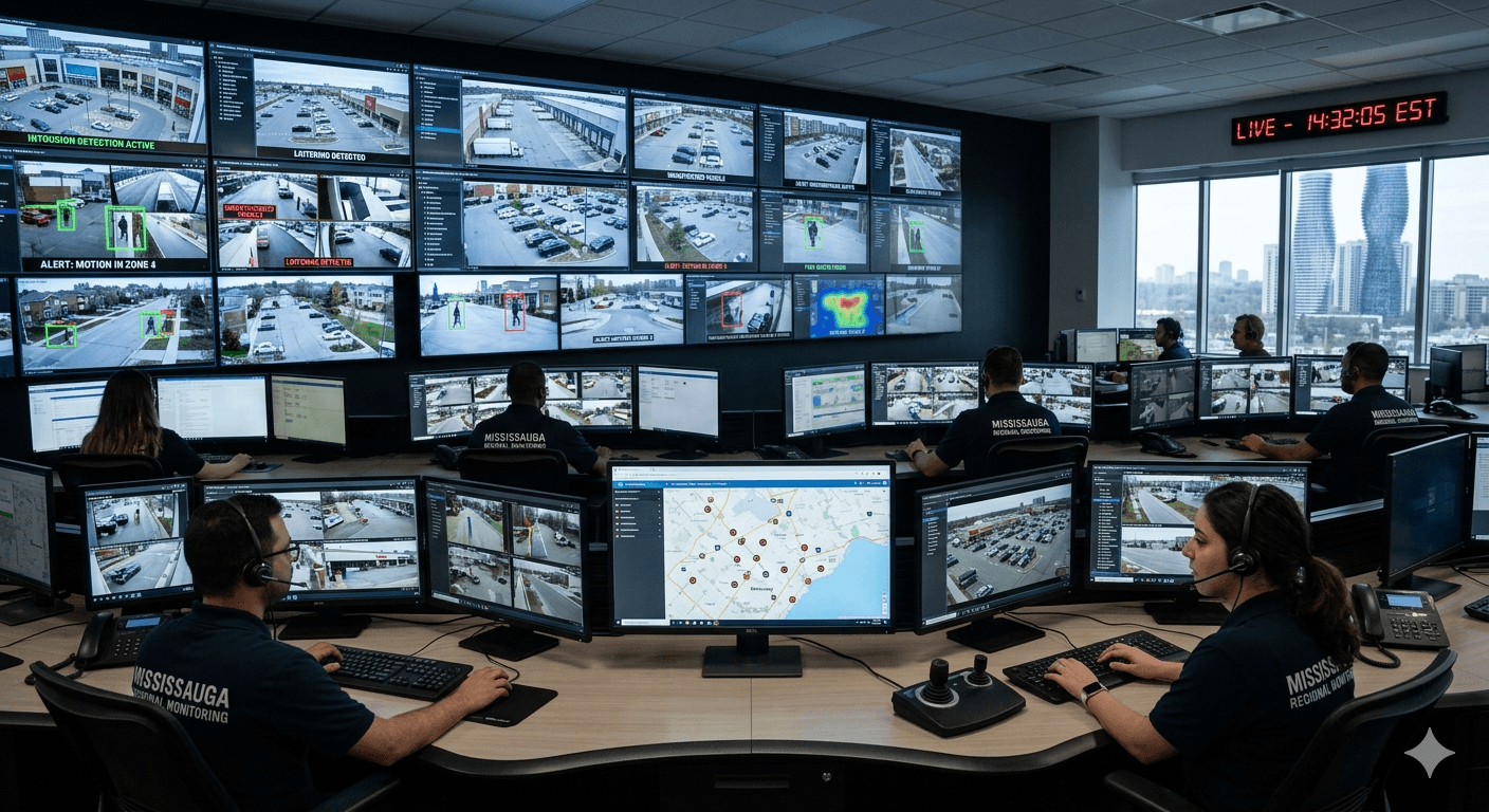 Advanced active live CCTV monitoring hub in Mississauga with custom detection analytics, safeguarding regional business operations and residential areas.