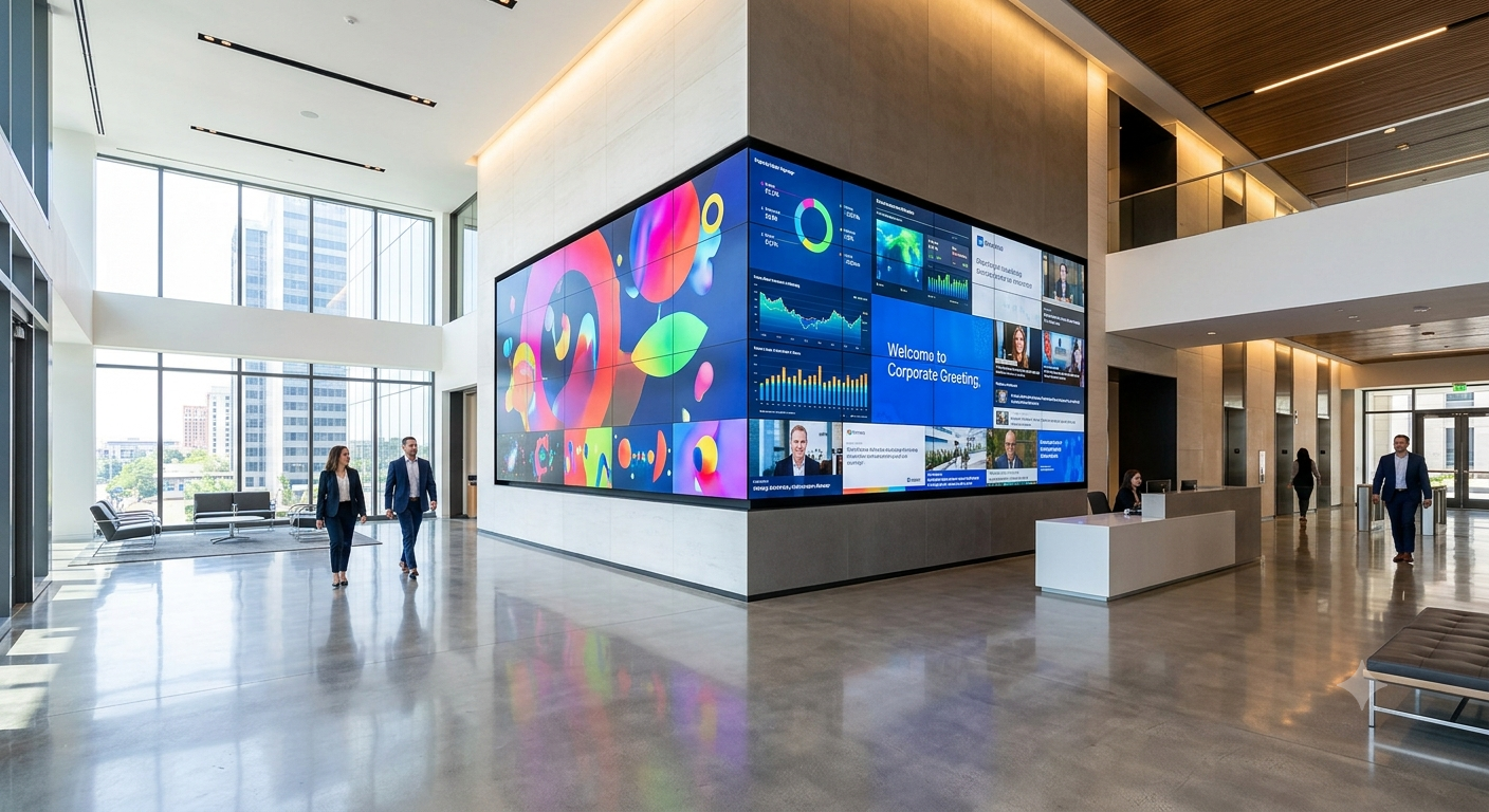 A modern, high-definition digital signage video wall installed in a bright, contemporary corporate lobby, displaying dynamic content.