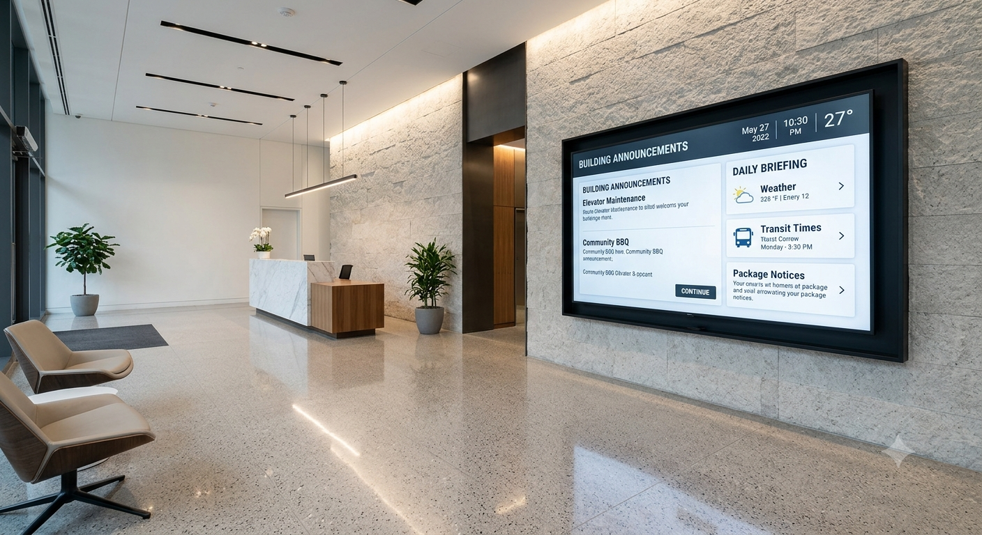 A sleek digital notice board installed in a modern condominium lobby displaying building announcements