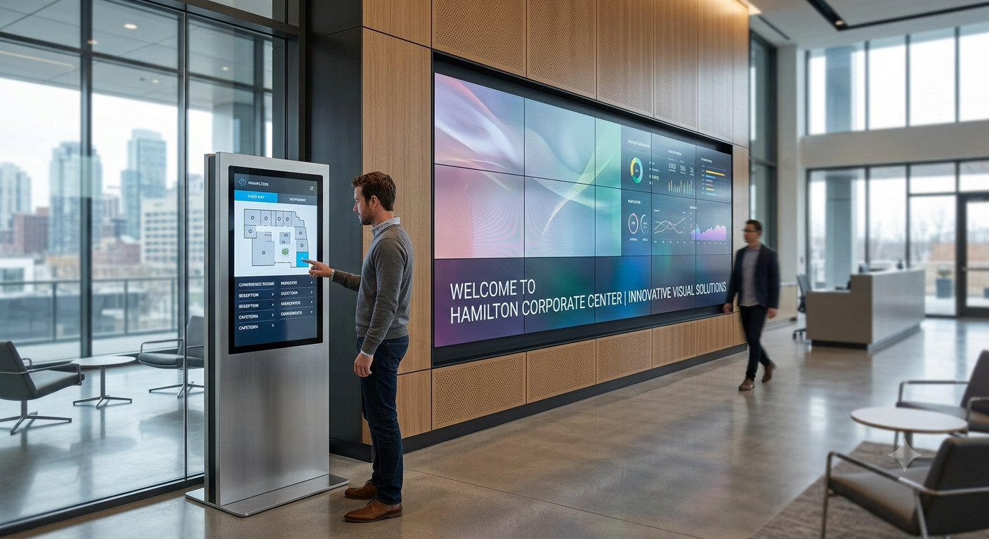 A large commercial LED video wall and interactive kiosk installed in a modern corporate lobby in Hamilton