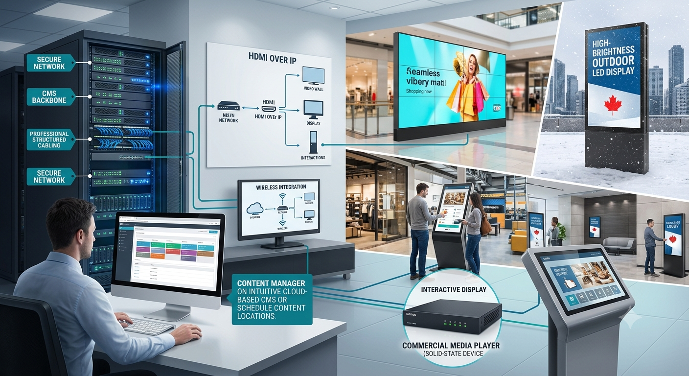 A large commercial LED video wall and interactive kiosk installed in a modern corporate lobby in Hamilton
