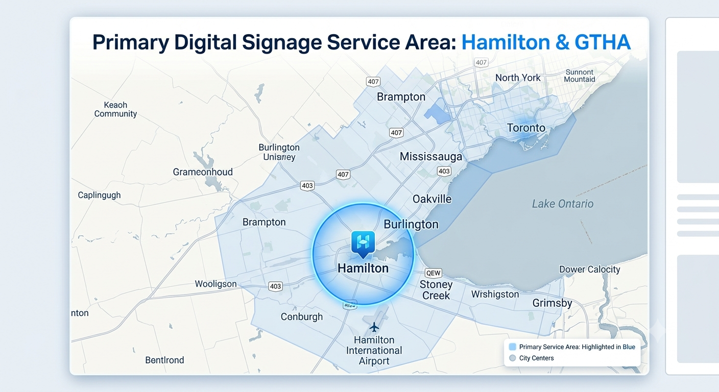 Map highlighting our primary digital signage service areas across Hamilton and the surrounding Greater Toronto and Hamilton Area