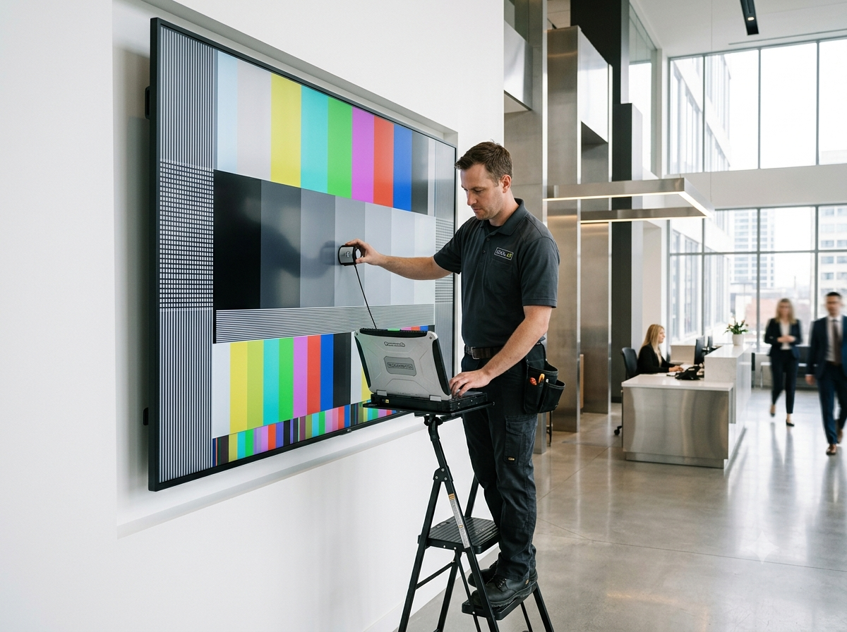Local AV technician precisely calibrating a newly installed commercial digital display in a modern corporate lobby