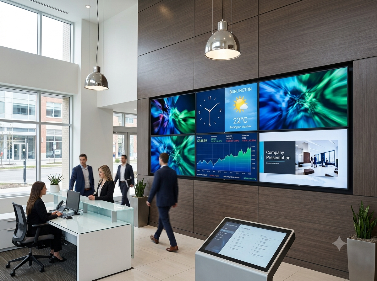Professional installation of a modern digital signage solution in a Burlington commercial business setting, showcasing vibrant display screens and seamless integration.
