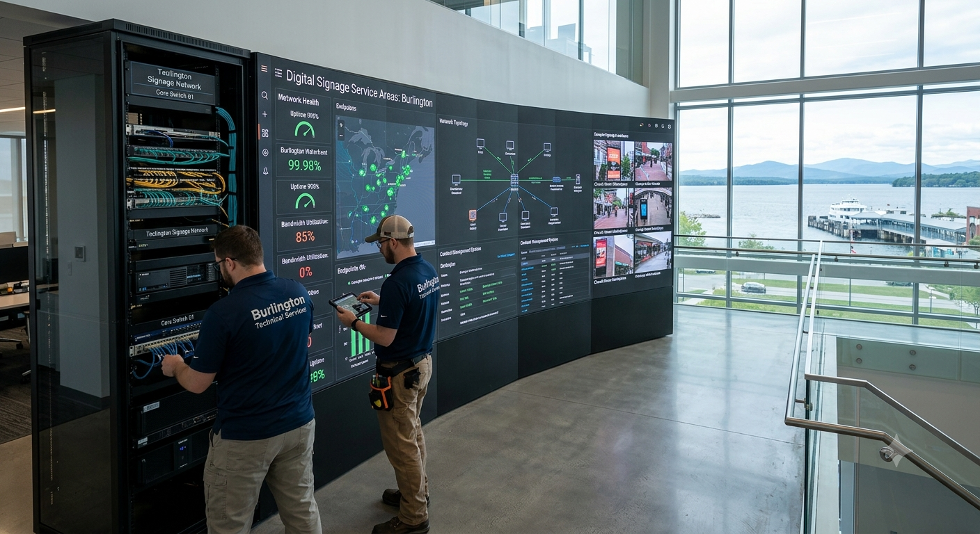 Technical integration of Digital Signage Service Areas in Burlington, showing high-performance corporate wall solutions
