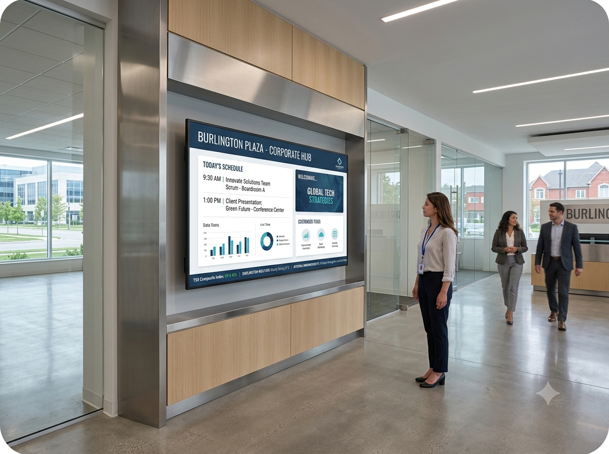 Modern corporate digital signage display system efficiently showcasing customized business content in a commercial setting in Burlington.