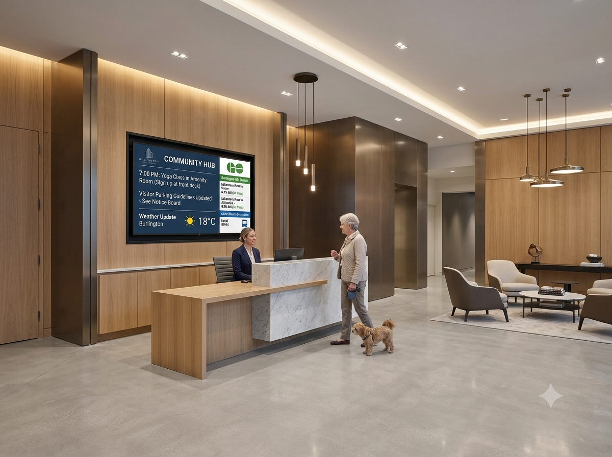 Elegant residential condo lobby in Burlington featuring a modern wall-mounted digital signage display system showing real-time community announcements and transit information.