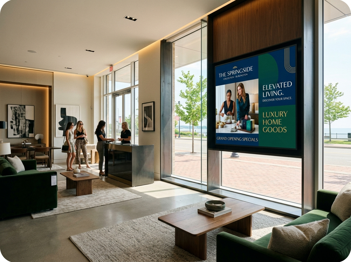 Luxury retail showroom featuring a high-brightness commercial digital signage solution in Burlington, showing vibrant dynamic marketing content.