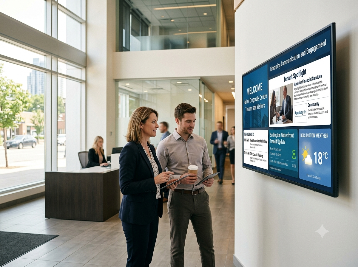 Professional digital signage solution enhancing business communication and customer engagement in a Burlington commercial space.
