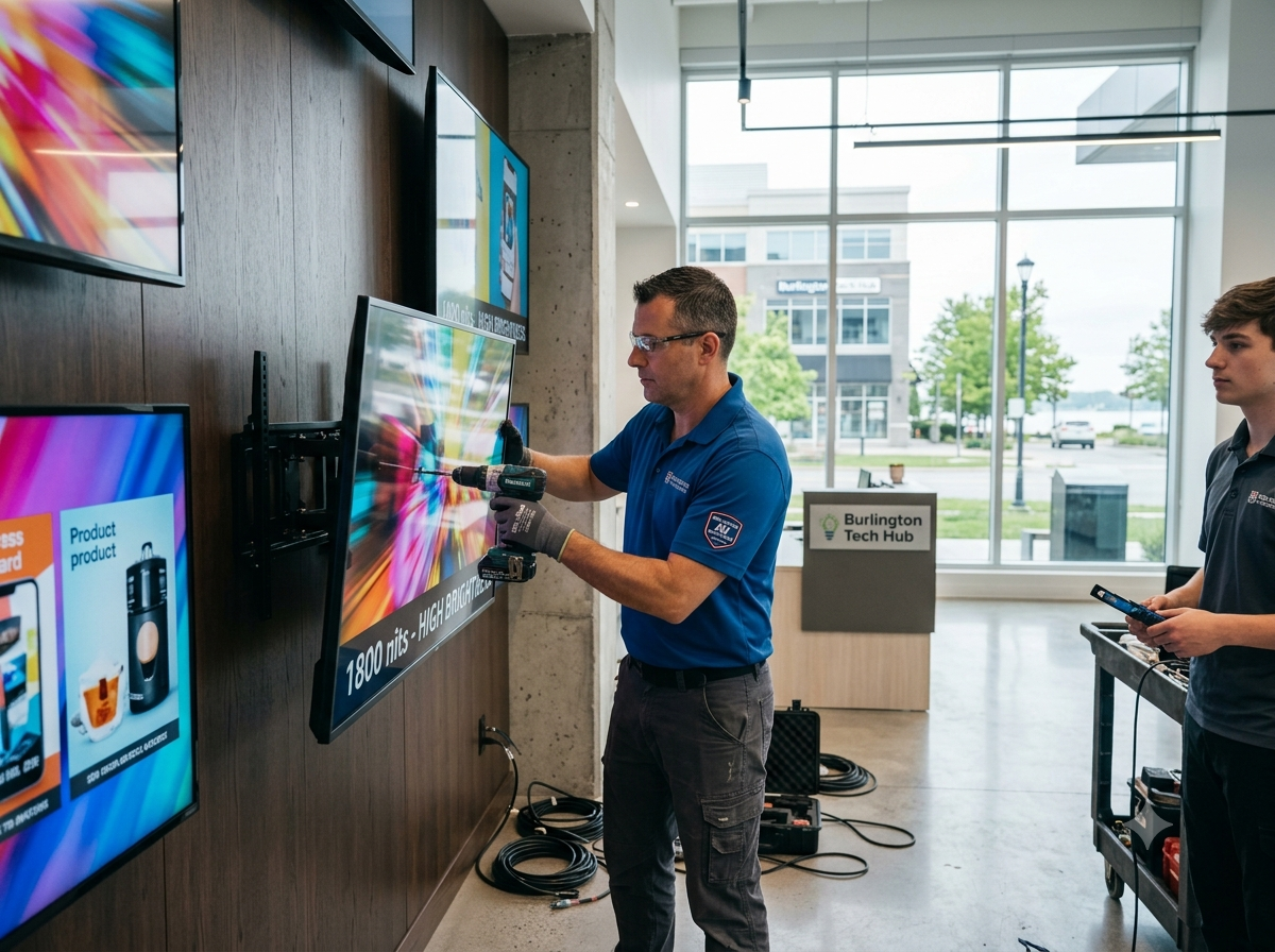 Experienced technical display integrator mounting high-brightness digital commercial signage panels for a modern business in Burlington.