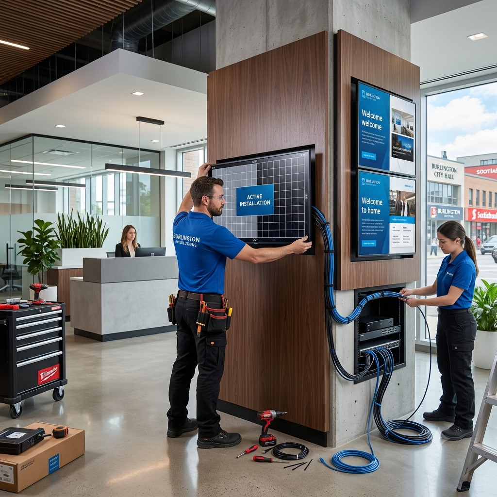 Professional digital signage installation process in a Burlington corporate office featuring clean cable management and commercial-grade displays.
