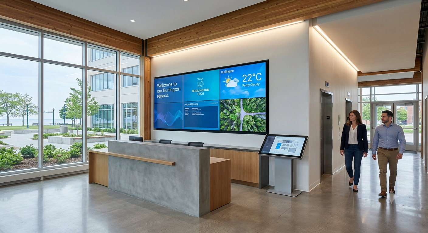 Advanced Commercial Digital Signage Technology Solutions installed in a sleek Burlington business venue