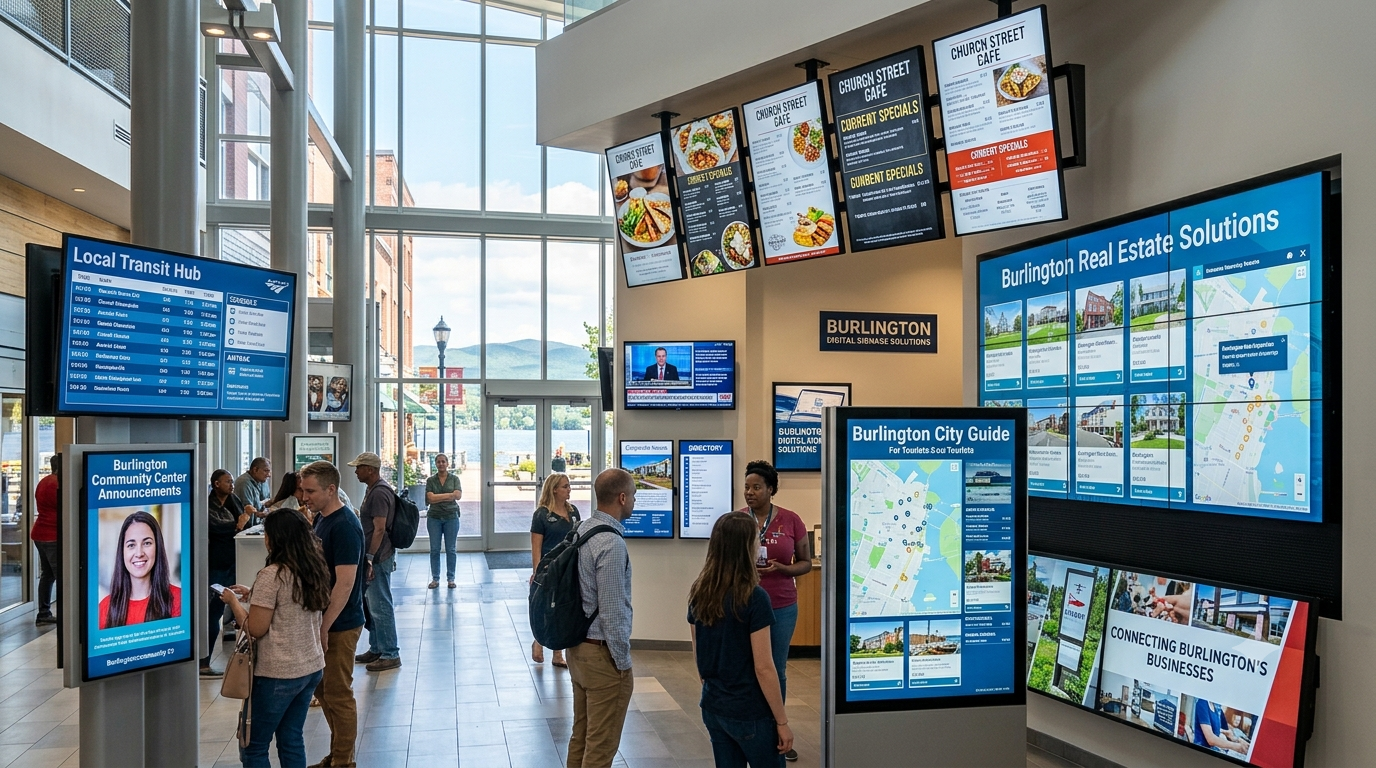 Digital Signage Solutions for diverse commercial industries in Burlington, showing various screen applications