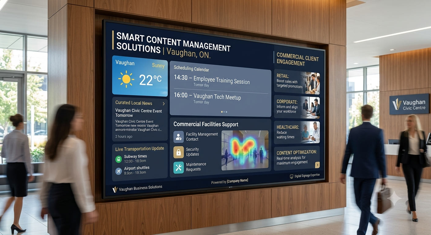 Professional digital signage software and smart content management solutions on a display screen, serving businesses and commercial facilities in Vaughan.
