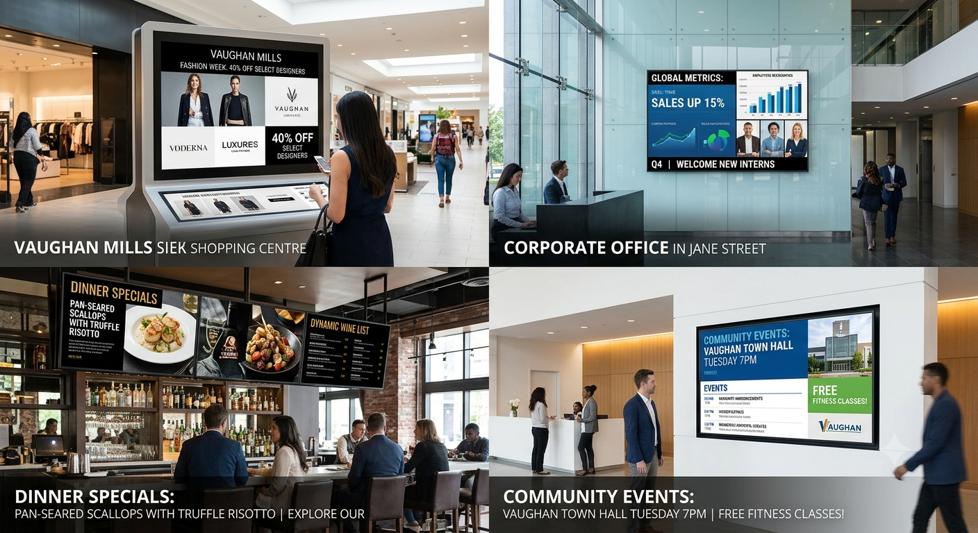 Enterprise-grade digital signage displays deployed across diverse Vaughan commercial sectors showcasing tailored business communication