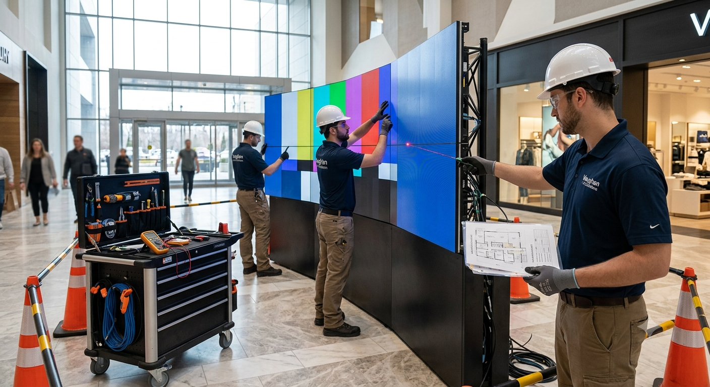 Professional technicians performing a meticulous digital signage installation in a Vaughan commercial facility, demonstrating careful planning and quality workmanship.