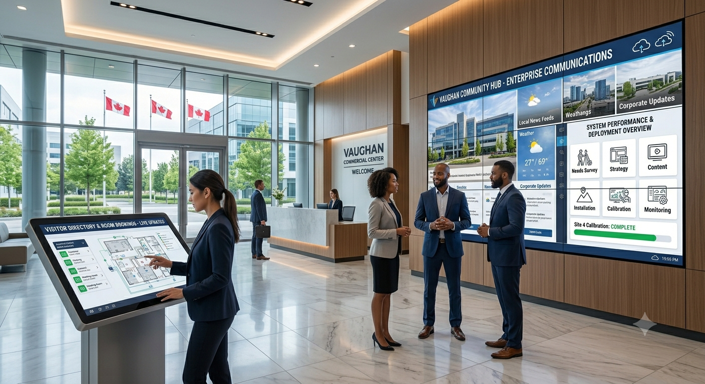Enterprise-grade smart display technology featuring high-brightness LCD panels and cloud-connected digital signage displays for a commercial facility in Vaughan, Ontario