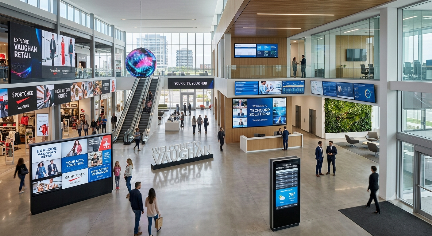 Commercial digital signage solutions displaying dynamic content in a Vaughan retail and corporate setting