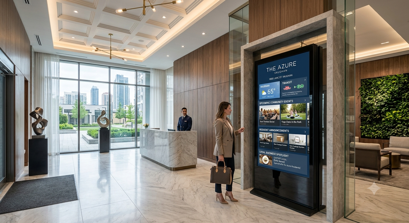 Professional digital signage display installed in a modern luxury residential condominium lobby in Vaughan