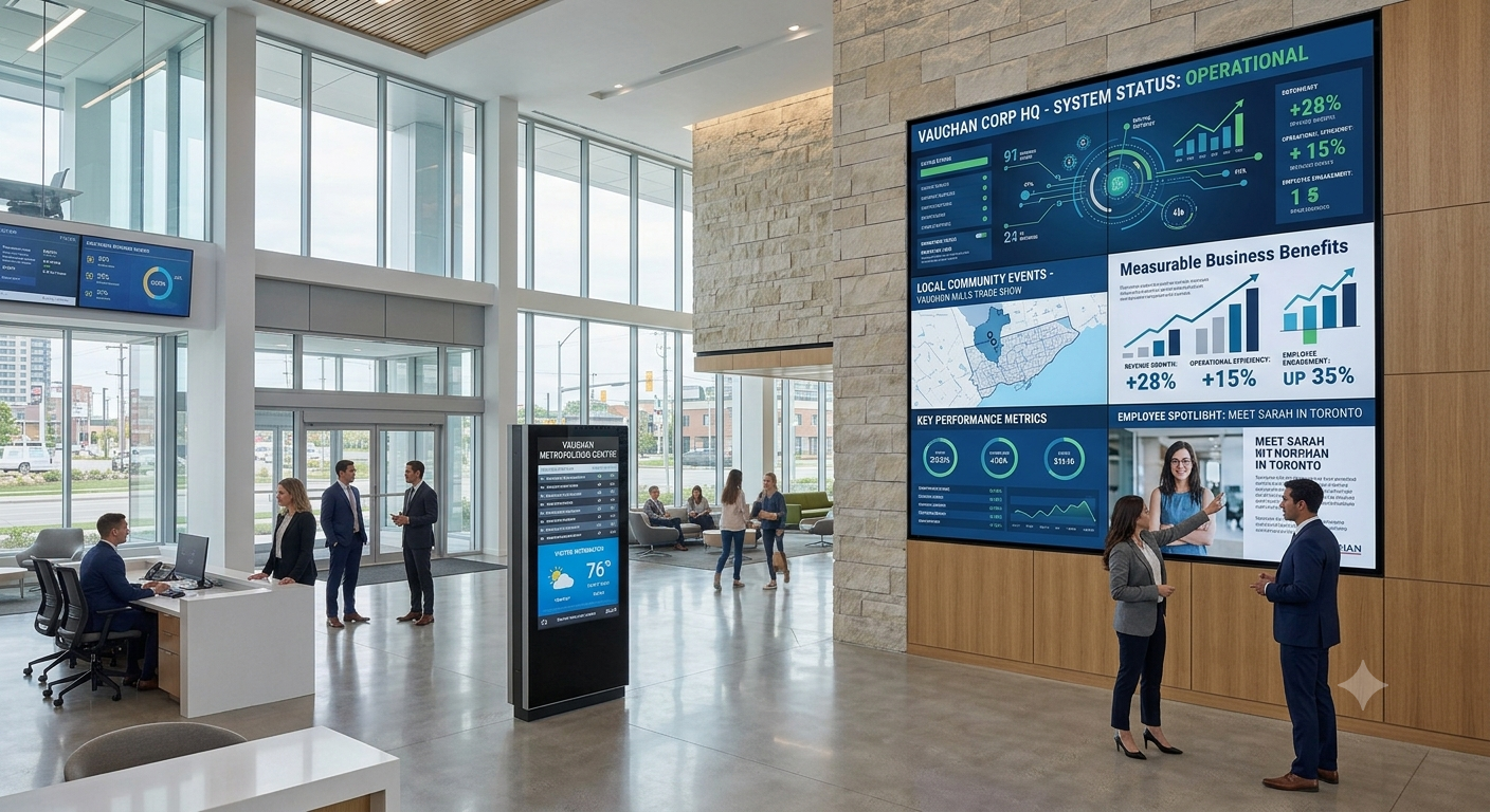 Enterprise-grade commercial digital signage solutions installed in a modern Vaughan corporate business environment