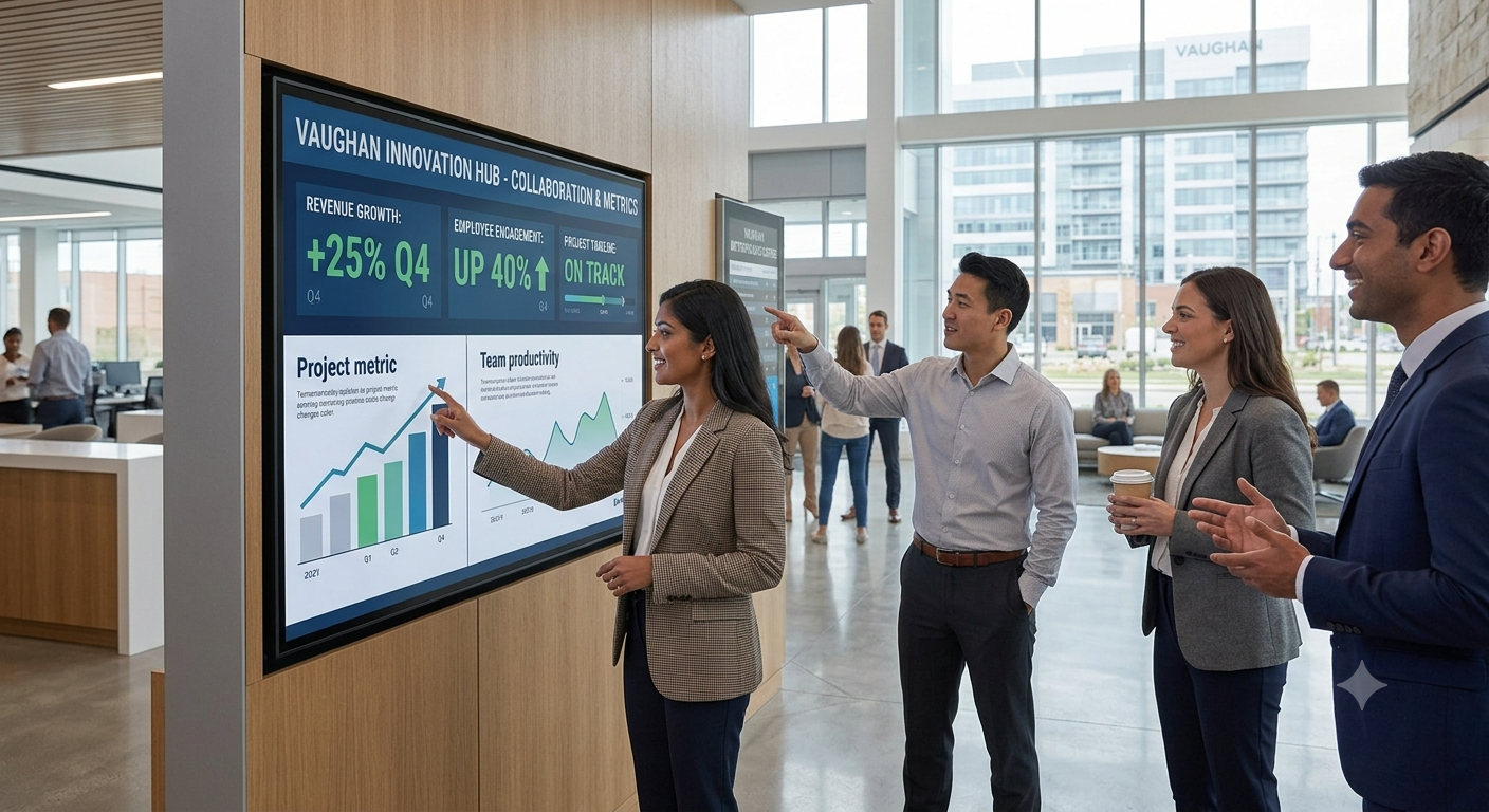 Business professionals experiencing the concrete benefits of interactive digital signage solutions installed in a Vaughan office space
