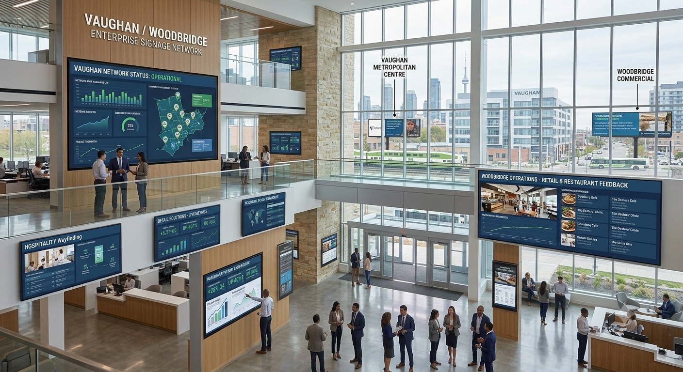 Enterprise digital signage networks showing multi-industry display configurations in corporate environments throughout Vaughan and Woodbridge