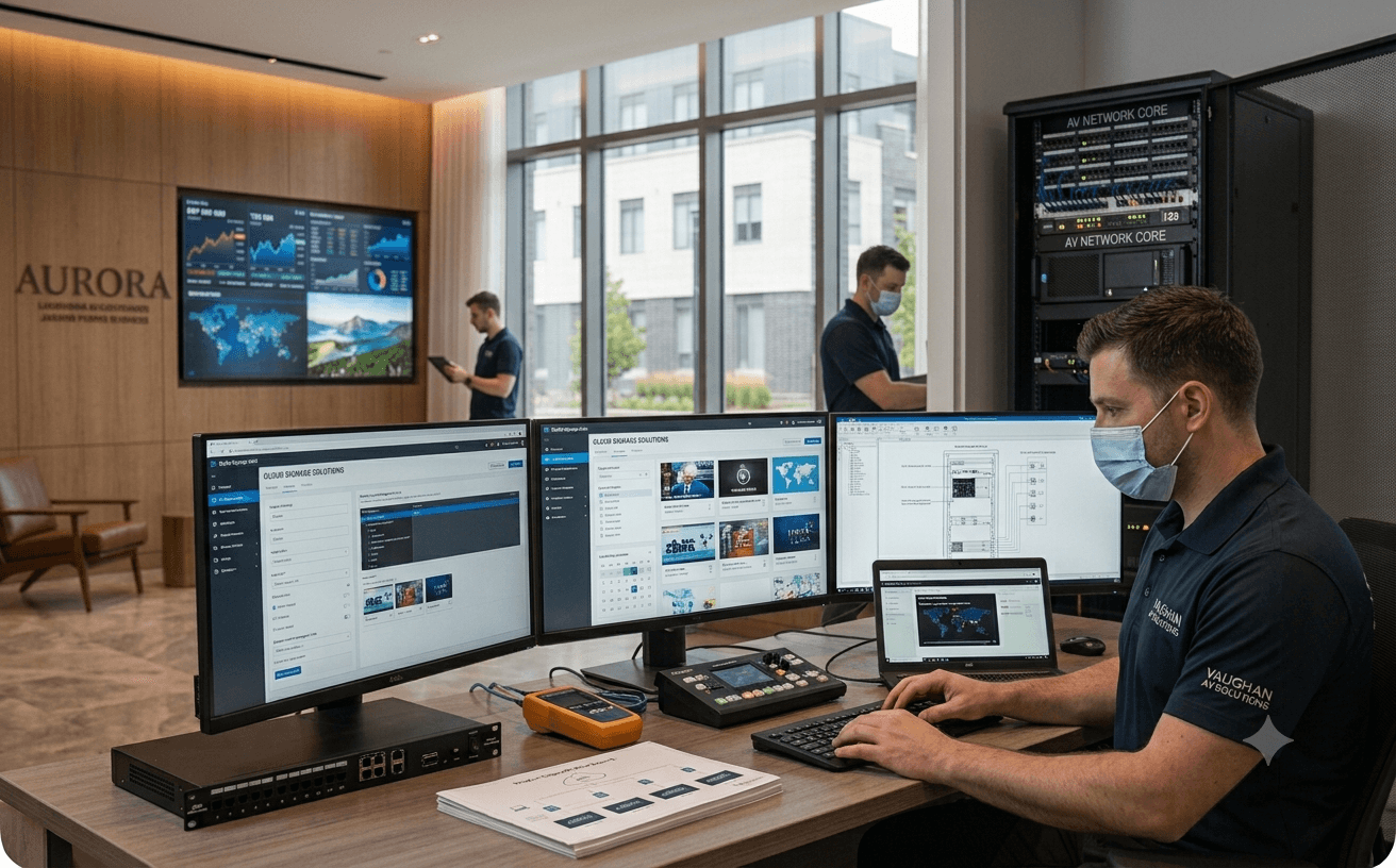 Advanced cloud-based digital signage content management dashboard and ultra-HD commercial displays in a Vaughan corporate environment