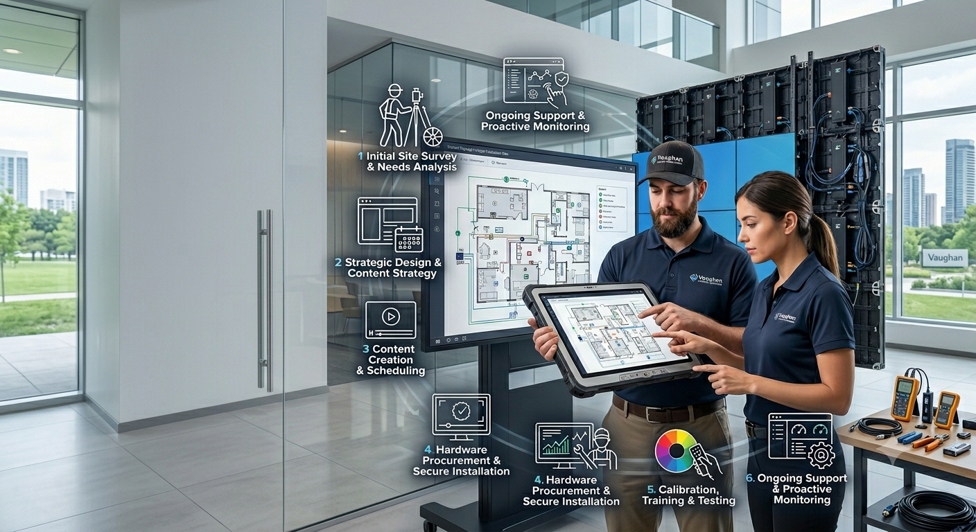 Professional technicians reviewing a digital signage installation plan in a modern Vaughan corporate facility, demonstrating expertise in commercial display solutions.