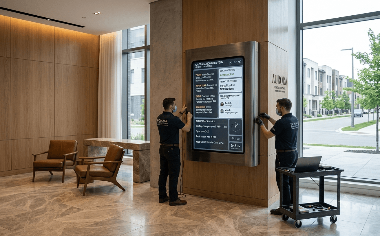 Luxury residential condominium lobby featuring integrated digital directory screens showing real-time announcements