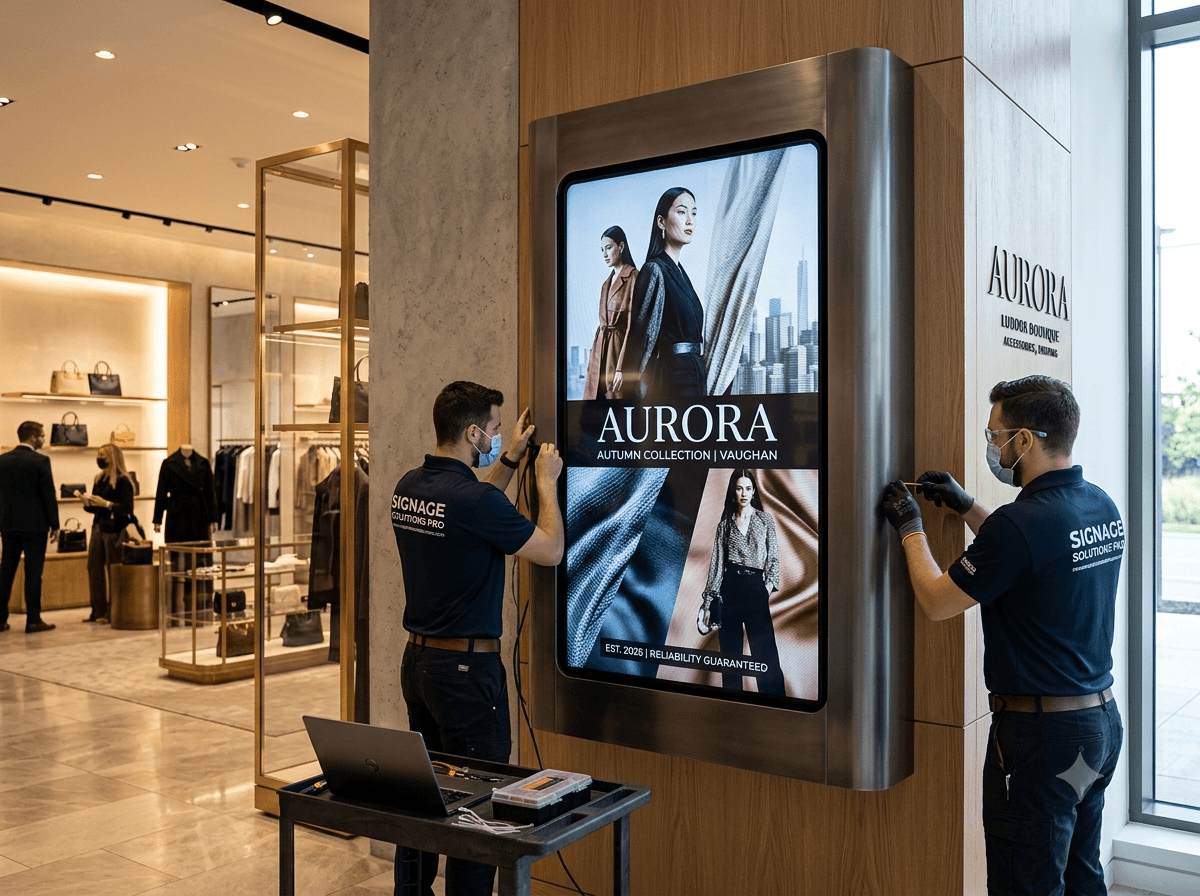 Premium bespoke commercial digital signage display showing visual content installed by experts in a luxury Vaughan retail location