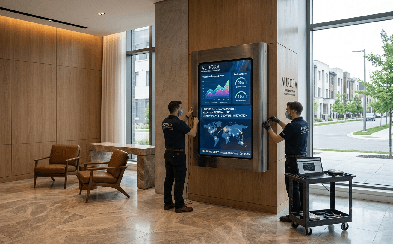 Modern commercial digital signage display in a Vaughan business setting showcasing dynamic content
