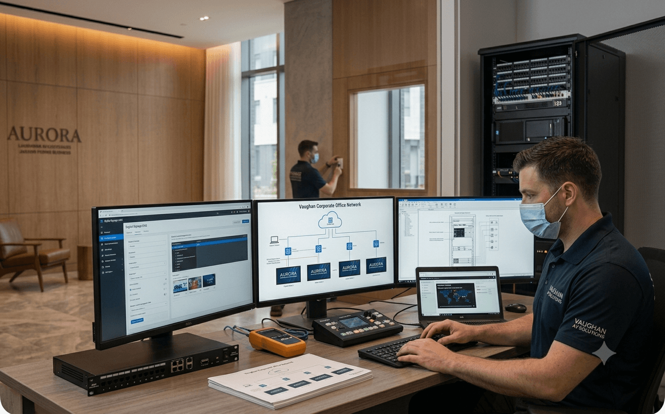 Professional AV technician designing and installing a customized commercial digital signage network in a Vaughan corporate office